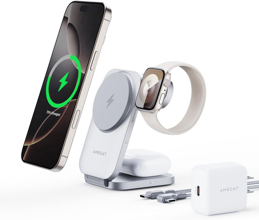 MagFusion Z 3-in-1 Charging Station Compatible with MagSafe, Qi2 Certified 15W Wireless Foldable Charger, for iPhone 16/15/14/13/12, AirPods 4/3/2/Pro, Apple Watch Charger, Silver