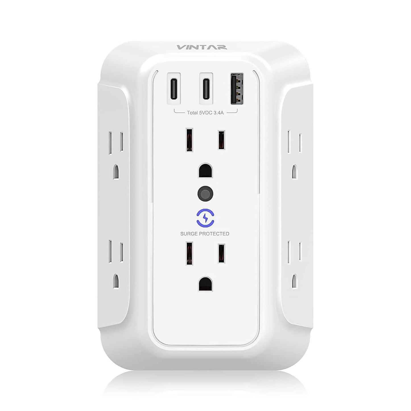 Surge Protector Outlet Extender, VINTAR 6 Outlet Splitter with 3 USB Charging Ports (2 USB C Ports), 900J Multi Plug Outlet Power Strip, 3-Sided USB Wall Charger for Home Office Dorm Room Essentials