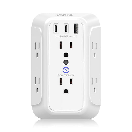 Surge Protector Outlet Extender, VINTAR 6 Outlet Splitter with 3 USB Charging Ports (2 USB C Ports), 900J Multi Plug Outlet Power Strip, 3-Sided USB Wall Charger for Home Office Dorm Room Essentials