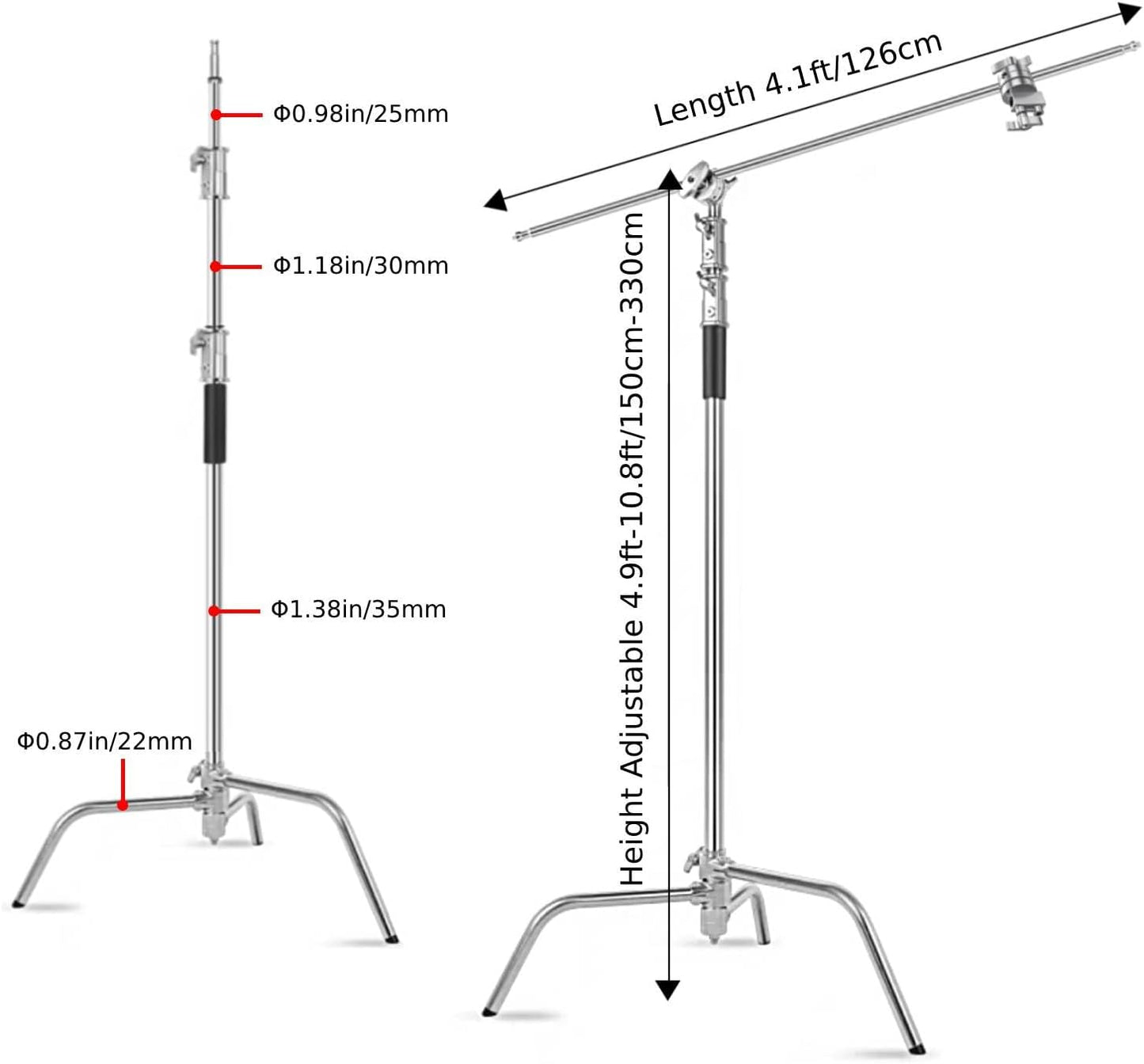 Heavy Duty C Stand with Boom Arm, Stainless Steel Heavy Duty Photography Light Stand, Adjustable Height 4.9ft-10.8ft, with 4.1ft Holding Arm, for Reflector, Umbrella, Softbox, Monolight