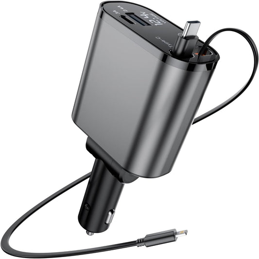 Retractable Car Charger with Dual Retractable Cords, Type-C Cable Fast Charging Up to 100W, 4 in 1 Fast Car Phone Charger with Voltage Display for iPhone 16/15/14/13/12 Pro Max,iPad,Samsung