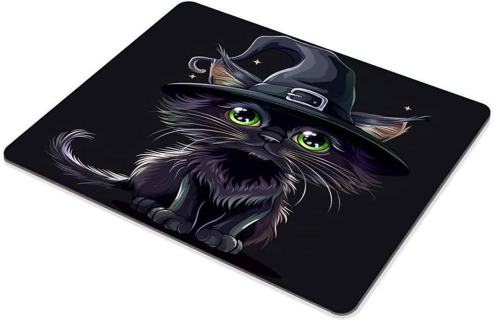 Square Mouse Pad Black Cat with Witch Hat for Halloween-1,Gaming Mouse Pads for Desk,Soft Computer Waterproof Non-Slip Mouse Mat