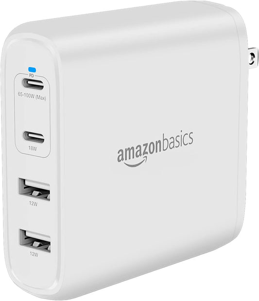Amazon Basics 100W Four-Port GaN Wall Charger w/ 2 USB-C (100W,18W) & 2 USB-A Ports (12W) w/PD for Laptops, Tablets & Phones (iPhone 16/15/14/13/12/11/X, iPad, Mac, Samsung, and More), Non-PPS, White