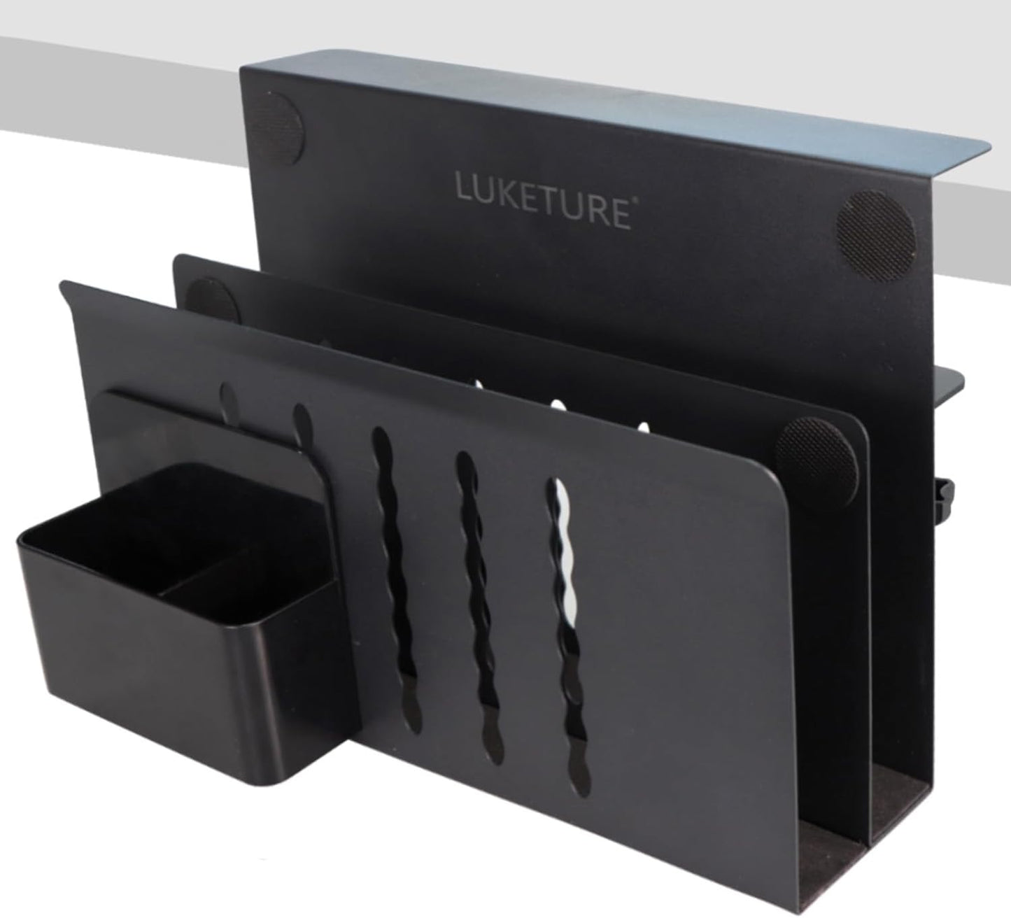 LUKETURE Laptop Holder, Steel Desk Side Storage, No Drill Standing Desk Accessories, Clamp on Laptop Mount with Pen Holder, Fits Flat Edge Tables 0.3" to 2.8" (Black, L(2 Tier))