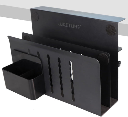 LUKETURE Laptop Holder, Steel Desk Side Storage, No Drill Standing Desk Accessories, Clamp on Laptop Mount with Pen Holder, Fits Flat Edge Tables 0.3" to 2.8" (Black, L(2 Tier))