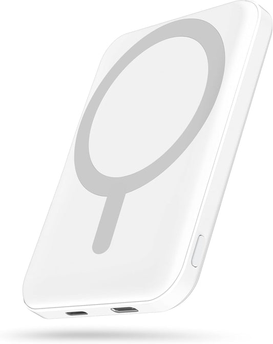 podoru for Magsafe Battery Pack, 5000mAh Magnetic Power Bank with Type-C Cable 20W PD Fast Charging Lighting Input Wireless Portable Charger for iPhone 16/15/14/13/12/ All Series-White