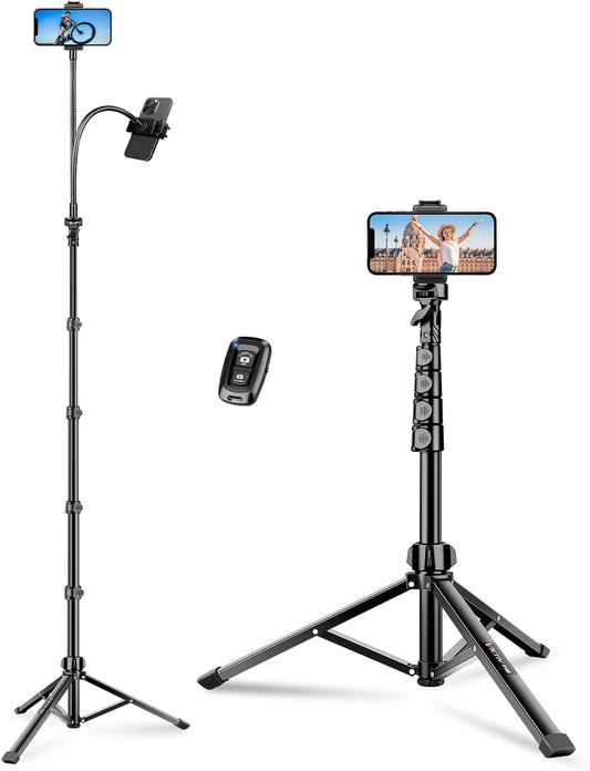Phone Tripod, 86" Tall Tripod Stand with Gooseneck, Remote and Phone Holder, Suitable for Recording Fitness Vlog Watching Cooking, Compatible with Smartphone, Camera