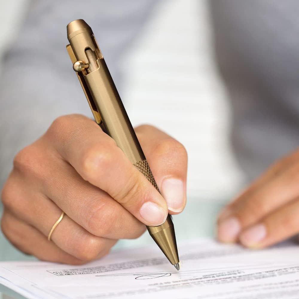 Cool Hand 4.9'' Brass Bolt Action Pen with Retractable Stylus Tip for Any Touch Screen, Ballpoint Ink Refillable, Compact Size, Skelton Out Deep Pocket Clip (Brass)