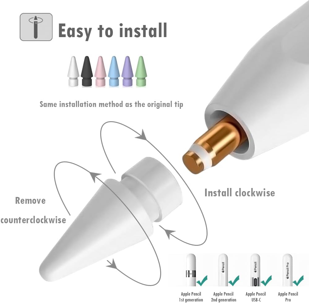 12 PCS Tips for Apple Pencil tip, Apple Pen Tips Compatible with iPad Pencil Tip Nib with Cover Case for Apple Pencil Pro/USB-C/ 1st Gen/ 2nd Generation iPencil(White,Black,Pink,Blue,Purple,Green)