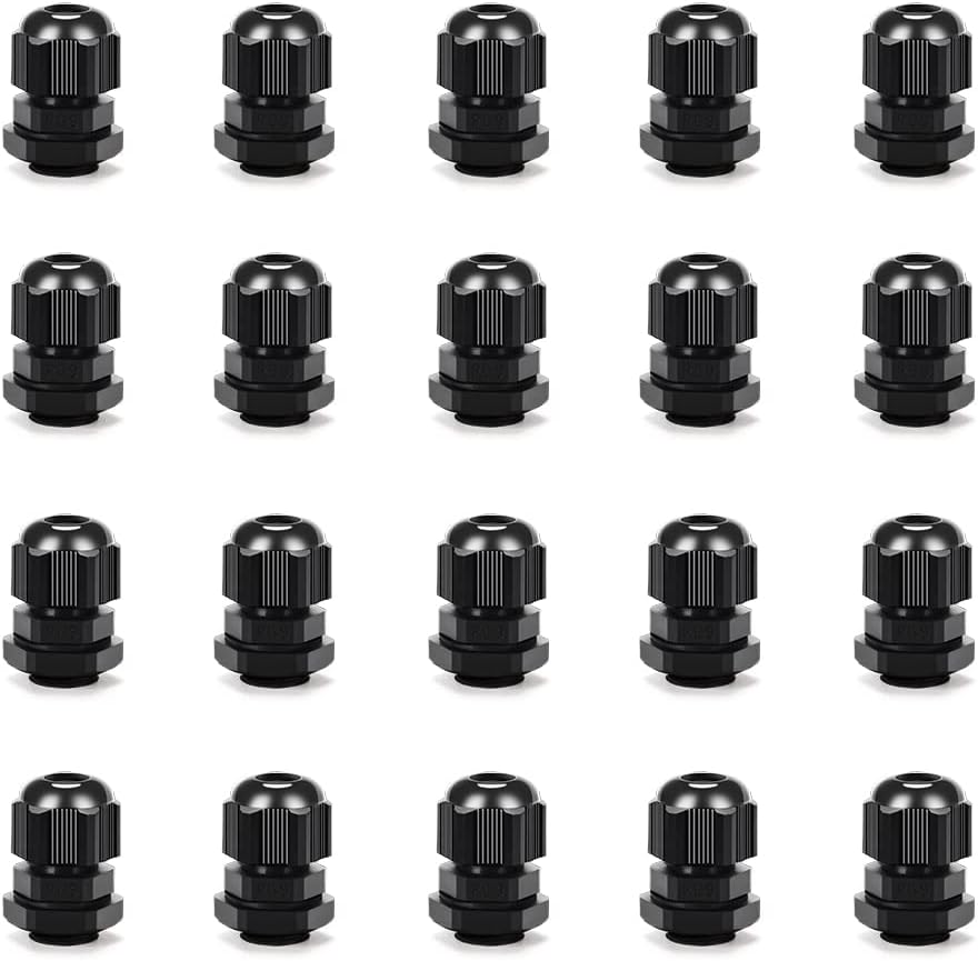 Cable Gland 20 Pack Plastic Waterproof Adjustable Connector 4-8mm PG9 Strain Relief Cord Connectors Joints Nylon with Gaskets