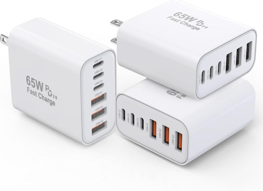 3 Pack 65W GaN Type C Wall Charger Block,6-Port Fast Charging Block,PD USB C Plug Adapter+QC Plug Compatible with Apple iPhone 16E/16Pro Max/16Plus/16/15/14/13/12/11/SE/XS Max,iPad Pro,AirPods(White)
