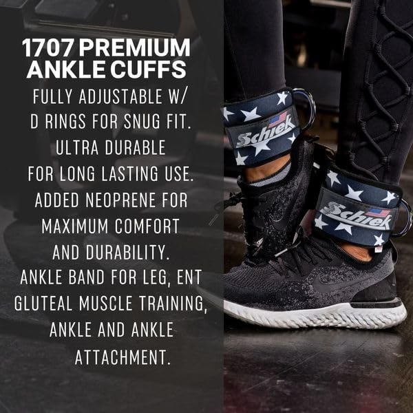 Schiek Sports 1707 Ankle Cuffs - Ideal for Glute Kickbacks and Cable Machine Workouts - Durable and Built To Last