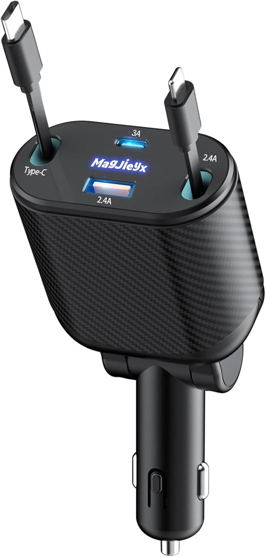 Retractable Car Charger 4 in 1 Fast Charging Adapter Magjieyx 62W Retractable Type-C/USB-i Cables and USB C/USB A QC & PD Devices for iPhone 16/15/14/13/12Pro Max Plus,iPad,AirPods, Galaxy