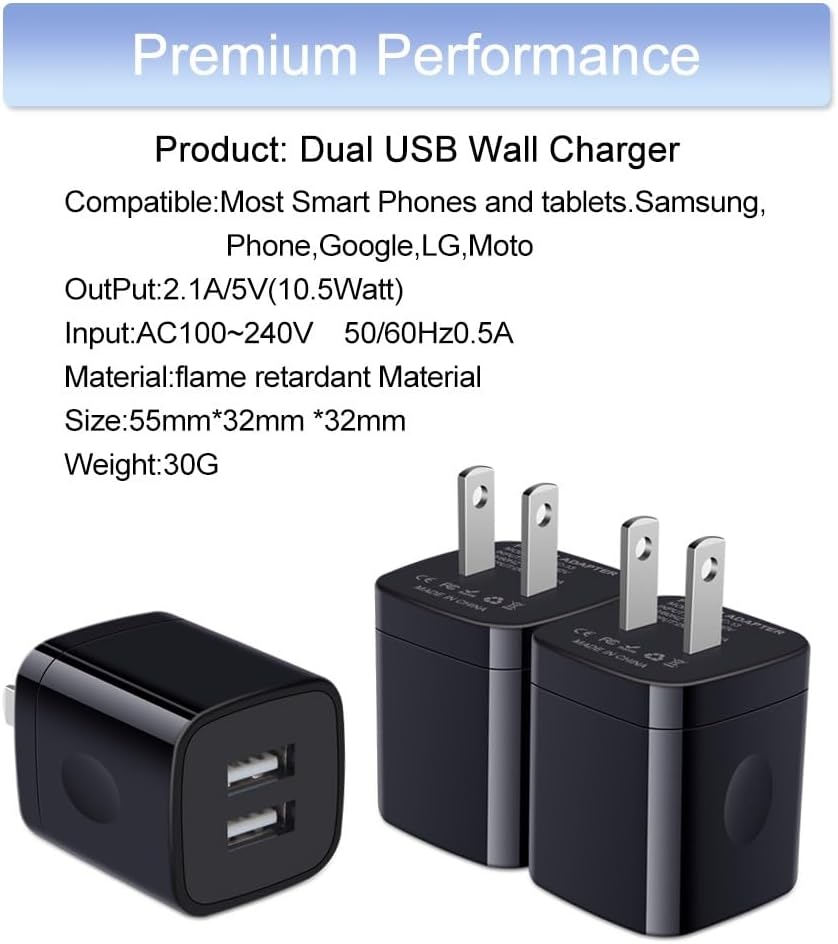 USB Wall Charger Box, 3Pack 2.1A Dual USB Charging Block Brick Cube Power Adapter for Phone 16/15/14/13/12 Pro Max/SE/8, Samsung S25 A15 5G A35 A14 S24 S23 S22 S21 FE/Ultra, Google Pixel 8a, LG, Moto