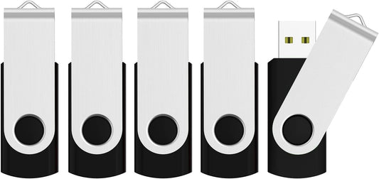 JUANWE 64GB USB Flash Drives 5 Packs, USB 2.0Thumb Drives Foldable 360°Swivel Memory USB Stick with Lanyard Hole, Jump Drive Pen Drive Zip Drive Portable Flashdrive for PC, Mutipack Black