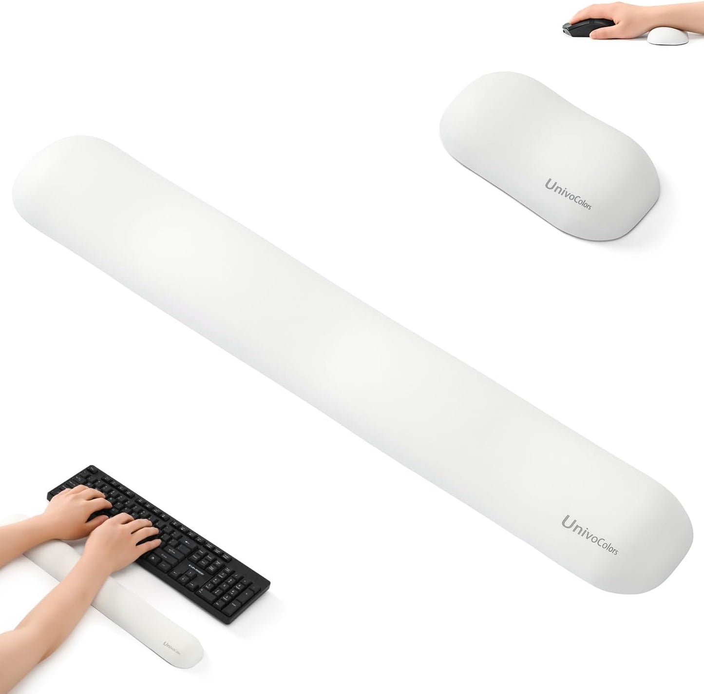 UnivoColors Design-Wave Set of Wrist Rest,Artificial Sheepskin+Memory Foam+Ergonomic+Anti-Slip Gel, Resilience Support During Work and Gaming,Keyboard Accessory,White