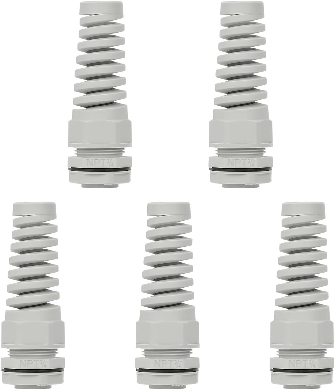 LeMotech 5Pcs NPT 3/4" IP68 Waterproof Cable Gland Flex Spiral Strain Relief Grey Nylon Joint with Gaskets for 13-18mm Wire Thread