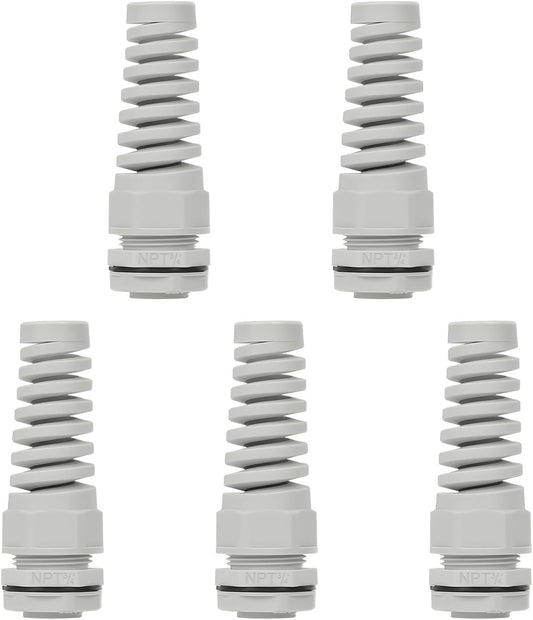 LeMotech 5Pcs NPT 3/4" IP68 Waterproof Cable Gland Flex Spiral Strain Relief Grey Nylon Joint with Gaskets for 13-18mm Wire Thread