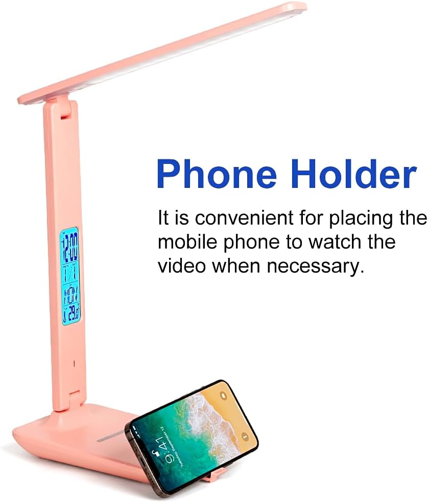 Multifunctional LED Desk Lamp with Wireless Charger,USB Charging Port,Clock,Phone Holder,Desk Lamps for Home Office,Eye-Caring Reading Lamp,Study Lamp for Boys,Girls,Teens,Pink