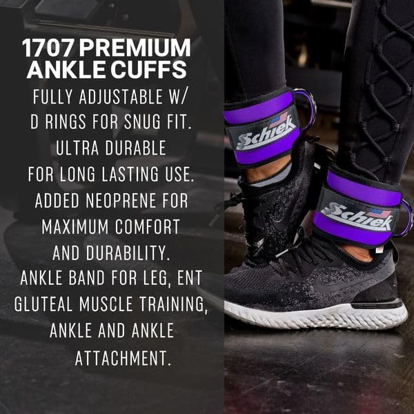 Schiek Sports 1707 Ankle Cuffs - Ideal for Glute Kickbacks and Cable Machine Workouts - Durable and Built To Last