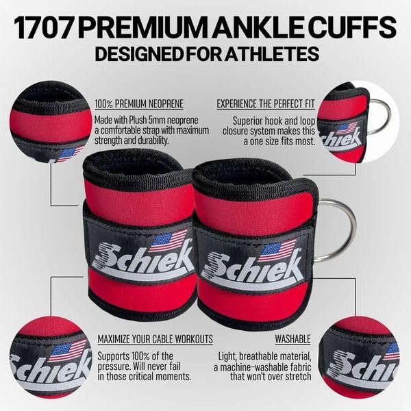 Schiek Sports 1707 Ankle Cuffs - Ideal for Glute Kickbacks and Cable Machine Workouts - Durable and Built To Last
