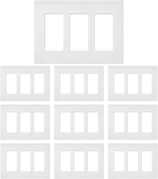 3 Gang Decorative Screwless Wall Plate Light Switch Cover, Hidden Screw Smooth Face, White, 10 pcs