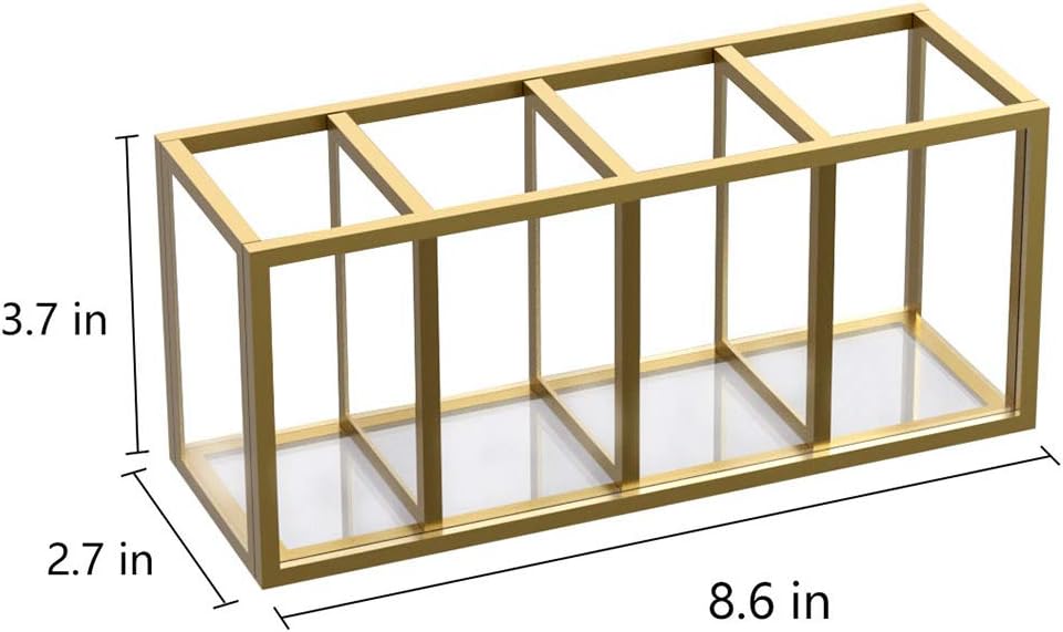 NIUBEE Acrylic Pen Holder 4 Compartments, Gold Copper Border Pencil Organizer Cup for Countertop Desk Accessory Storage