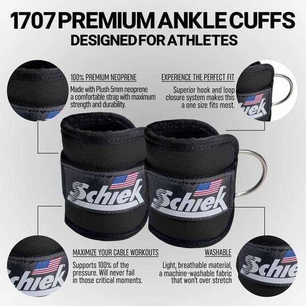 Schiek Sports 1707 Ankle Cuffs - Ideal for Glute Kickbacks and Cable Machine Workouts - Durable and Built To Last
