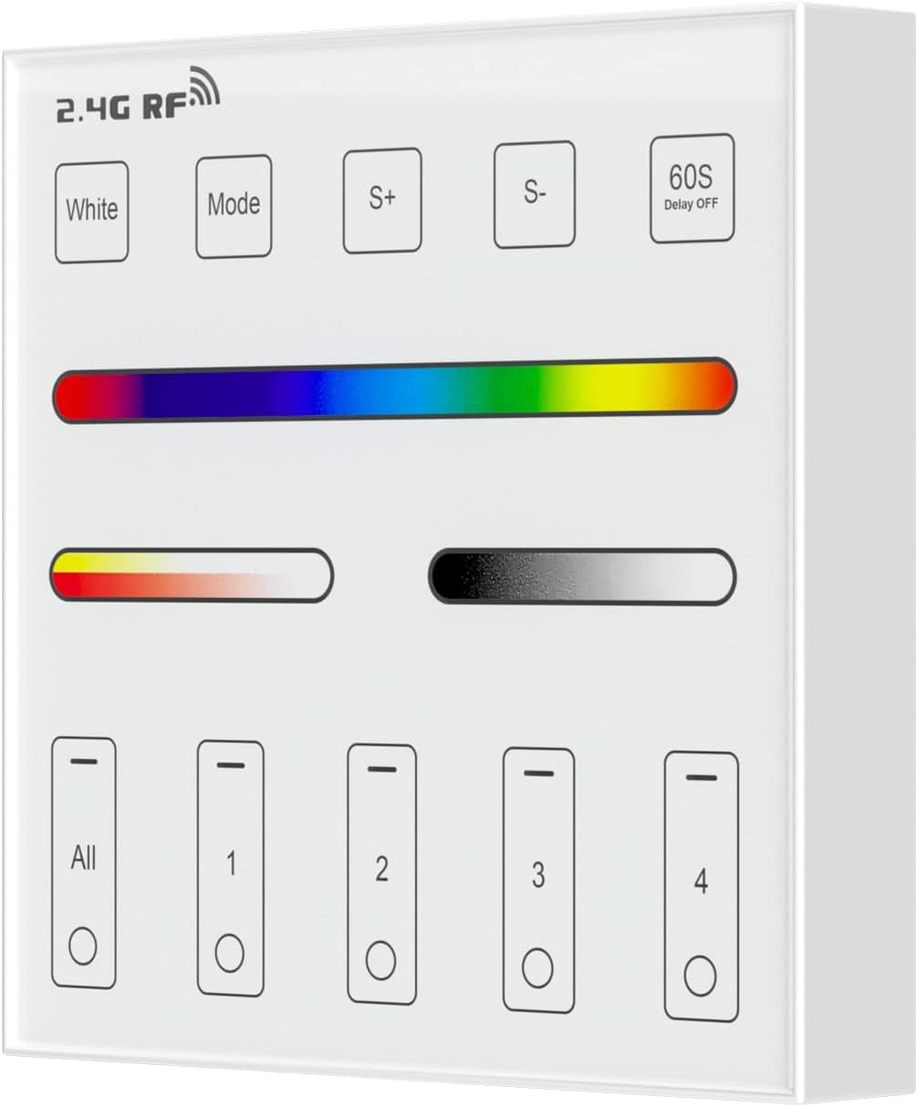 BTF-LIGHTING WR01RF Wireless 2.4G RF 4 Zones RGB RGBW RGBCCT Wall Mounted Smart Panel Remote Powered by 2XAAA Batteries 3V Work with DR03W DR04W WB5 LM052 C03RF C04RF C05RF C03W C04W C05W Controller