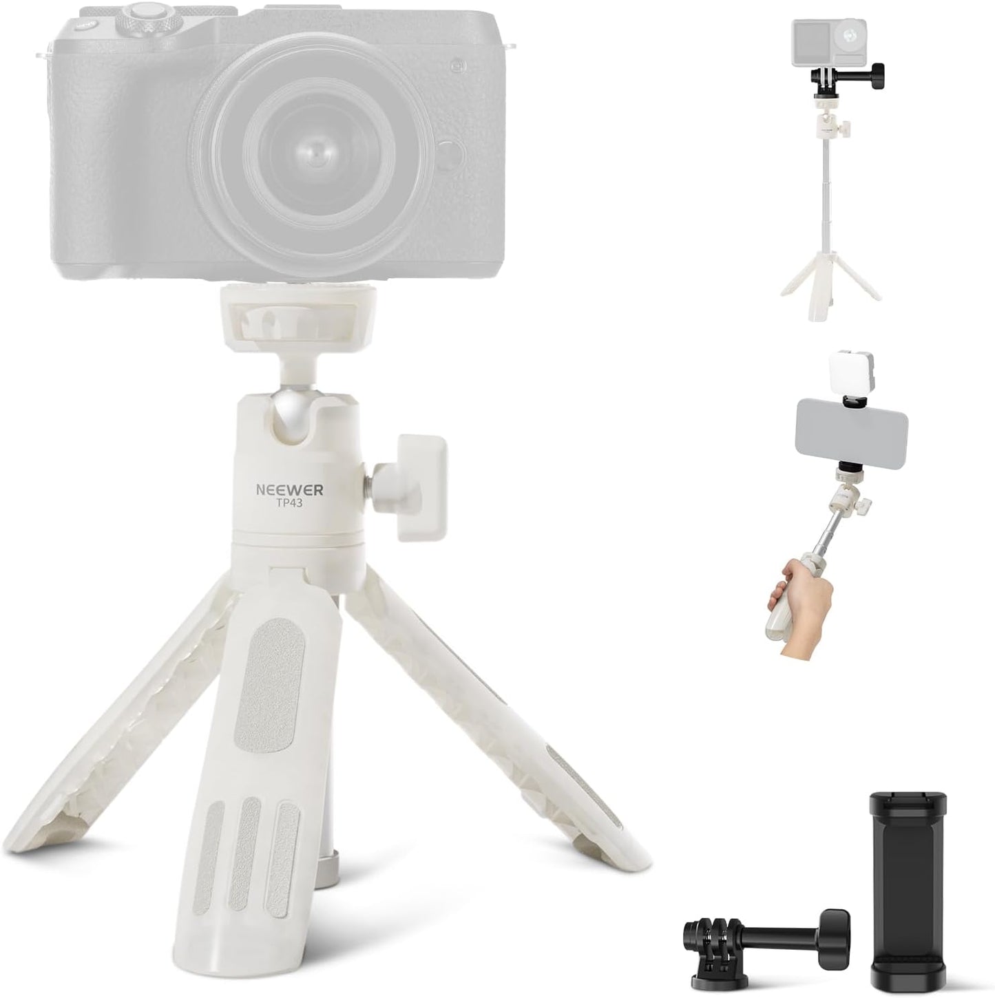 NEEWER Basics Mini Desk Selfie Stick Tripod Compatible with iPhone GoPro Insta360 DJI, Portable Small Camera Webcam Android Cell Phone Holder Ball Head Elevated Axis Video Recording Stand, TP43 White