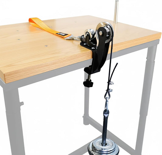 Arm Wrestling Pulley System with Adjustable 1.5m Steel Cable, Dual Aluminum Pulleys, 220lb Capacity, Table Clamp and Loading Pin for 1” & 2” Weight Plates, Wrist Strength Training Equipment