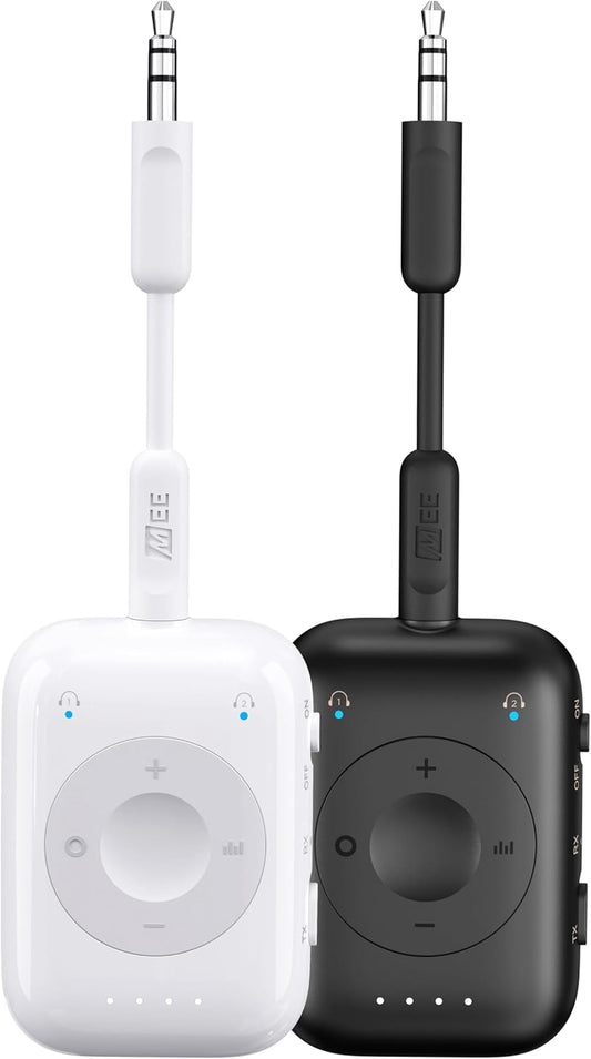 MEE audio Connect Air Pro (2 PACK) Bluetooth Wireless Audio Transmitter & Receiver for AirPods or Bluetooth Headphones, 2-in-1 Adapter with Detachable Cable for 3.5mm devices on Airplanes, Black&White