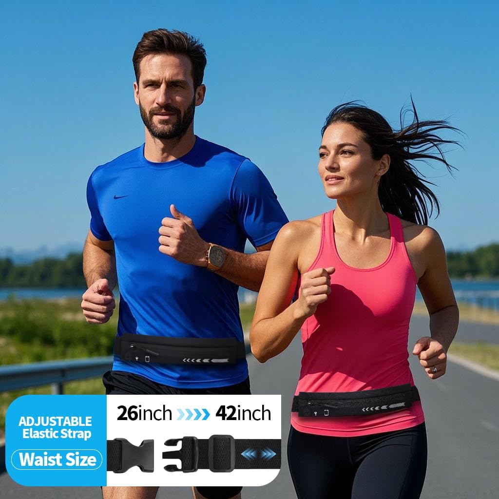 USHAKE Slim Running Belt for Women Men-Runners Phone Holder Fanny Pack, Adjustable, Bounce Free Waist Pouch bag for Workout, Money Belt, Run Gear Accessories Black