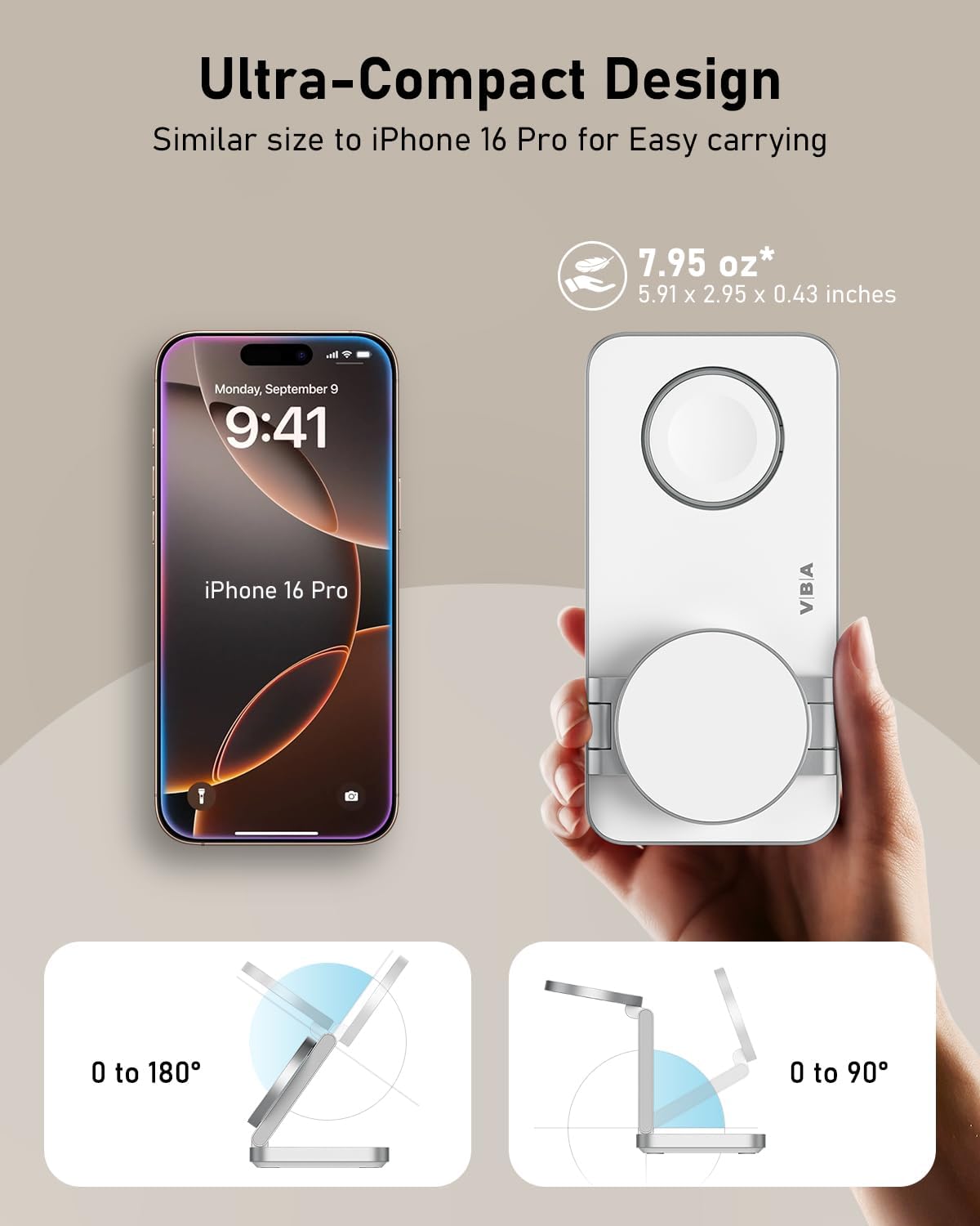 VBA 3 in 1 Wireless Charging Station for Apple MagSafe Charger,Foldable Fast Charging Magnetic Wireless Charger Stand,Travel Charger for iPhone 16 15 14 13 12,Apple Watch,AirPods Pro(White)