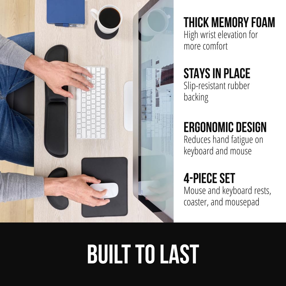 GORILLA GRIP Silky Memory Foam Keyboard Wrist Rest and Mouse Pad for Computer, Ergonomic Design Typing Support, Desk Office Supplies, Hand & Arm Mousepad Cushion and Coaster, 4 Piece Set, Black