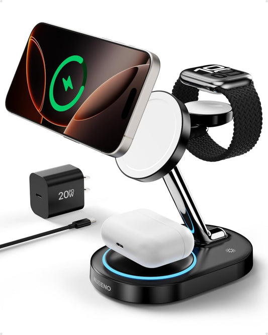 Charging Station for iPhone 16/16 Pro/16 Pro Max, Wireless Charger for MagSafe iPhones, 3 in 1 Magnetic Charger Stand for iPhone 16/15/14/13/12 Series, Apple Watch & AirPods.(Blk)