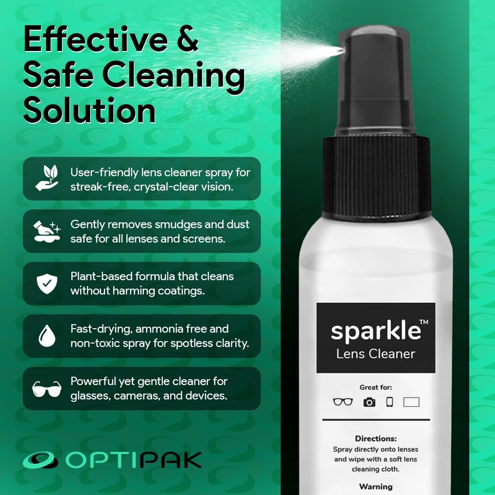 Sparkle Anti-Reflective Lens Cleaner Spray kit | (2) 2oz Glasses Cleaner Spray + (2) Microfiber Cloth for Eyeglasses, Sunglasses, Lenses, Screens and Camera Cleaning Kit (4 Piece Set)