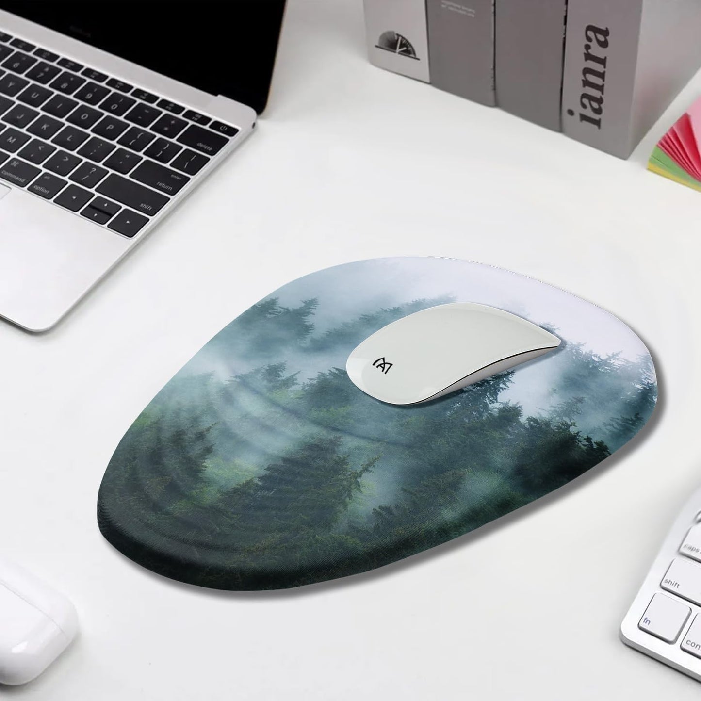 Ergonomic Mouse Pad with Wrist Support, Desktop Mouse Pad Wrist Rest Design and Non-Slip PU Base, Computer Mousepads for Pain Relief, Office & Home, Fog Forest