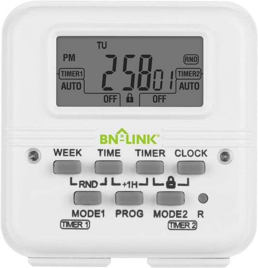 BN-LINK Digital Timer Outlet 7 Day Programmable Digital Outlet Timer with 2 Independent Outlets 3-Prong Mini Indoor Easy Set Stackable Plug-in for Lights Lamps Fans Accurate 8A/1000W 1/3HP