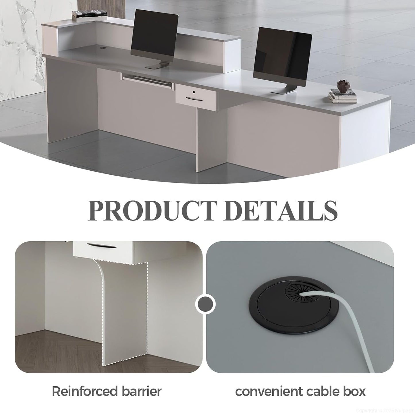 Reception Desk with Counter, Modern Front Desk Reception Counter with Keyboard Tray, Lockable Drawer and Storage Shelves for Office, Retail, Salon(White+Gray/Left, 63" L*24" W*39" H)