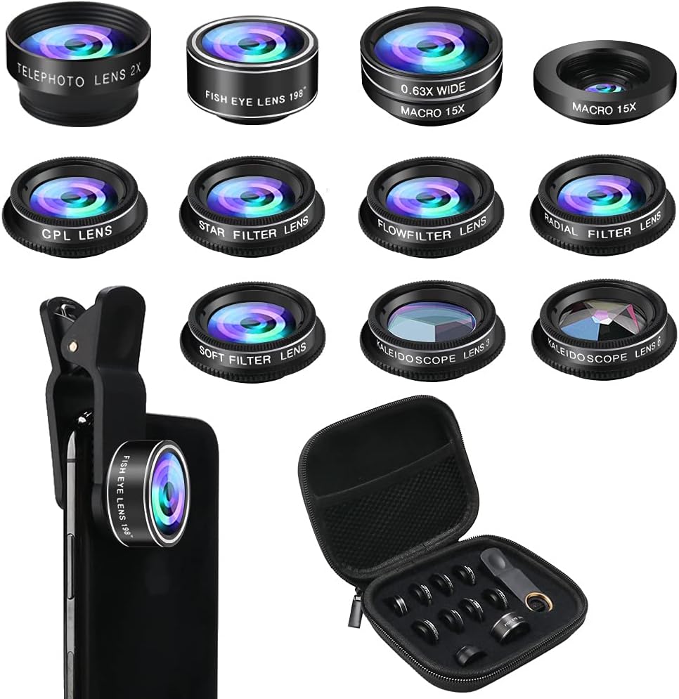 Phone Camera Lens Kit, 11 in 1 Cellphone Lens Kit for iPhone and Android, 0.63X Wide Angle+15X Macro+ 198°Fisheye+Telephoto+CPL/Flow/Radial/Star/Soft Filter+Kaleidoscope Lens