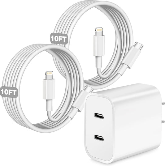 iPhone Charger,Dual Port USB C iPhone Charger Fast Charging Block,Super Fast Apple Double Type C Wall Chargers,2Pack 10FT Quick USB C Lightning Cable for iPhone 14 Pro Max/13 Pro/12/11/MiNi/XS/XR/8/SE