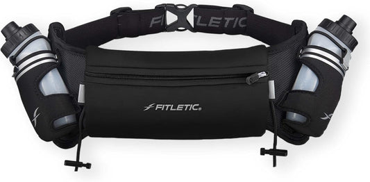 Fitletic Hydration Running Belt with Water Bottles for Men & Women – 2 Quick Flow 8oz Running Water Bottles, Patented Bounce Free Design, Water Resistant Pouch Fits All Phones – Hydra 16