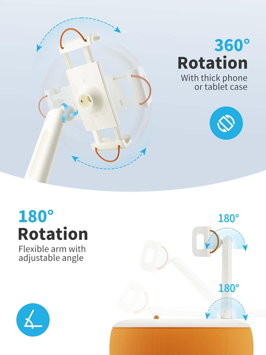 SAIJI Tablet Holder Pillow, Kindle Holder Compatible with 4.7-15.6” Kindle, Tablet, Phone, Portable Monitor, 360° Adjustable Tablet Stand for Bed with Flexible Dual Axis Arm & Microbead Cushion-Orange