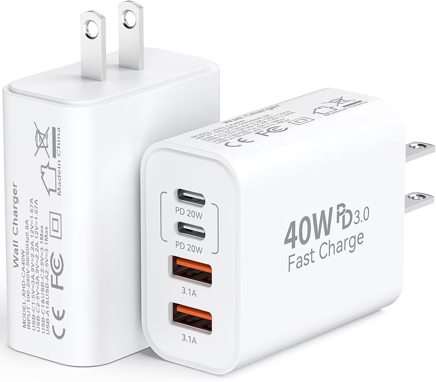 USB C Fast Wall Charger Block, 2Pack 40W USBC Charging Cubes, 4-Port PD+QC Power Adapter Multiport Brick Type C Box Plug for Phone 16/15/14/13/12/11/Pro Max/Plus, Pad Mini/Pro/S25/S24