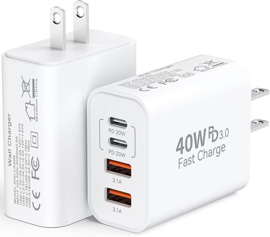 USB C Fast Wall Charger Block, 2Pack 40W USBC Charging Cubes, 4-Port PD+QC Power Adapter Multiport Brick Type C Box Plug for Phone 16/15/14/13/12/11/Pro Max/Plus, Pad Mini/Pro/S25/S24