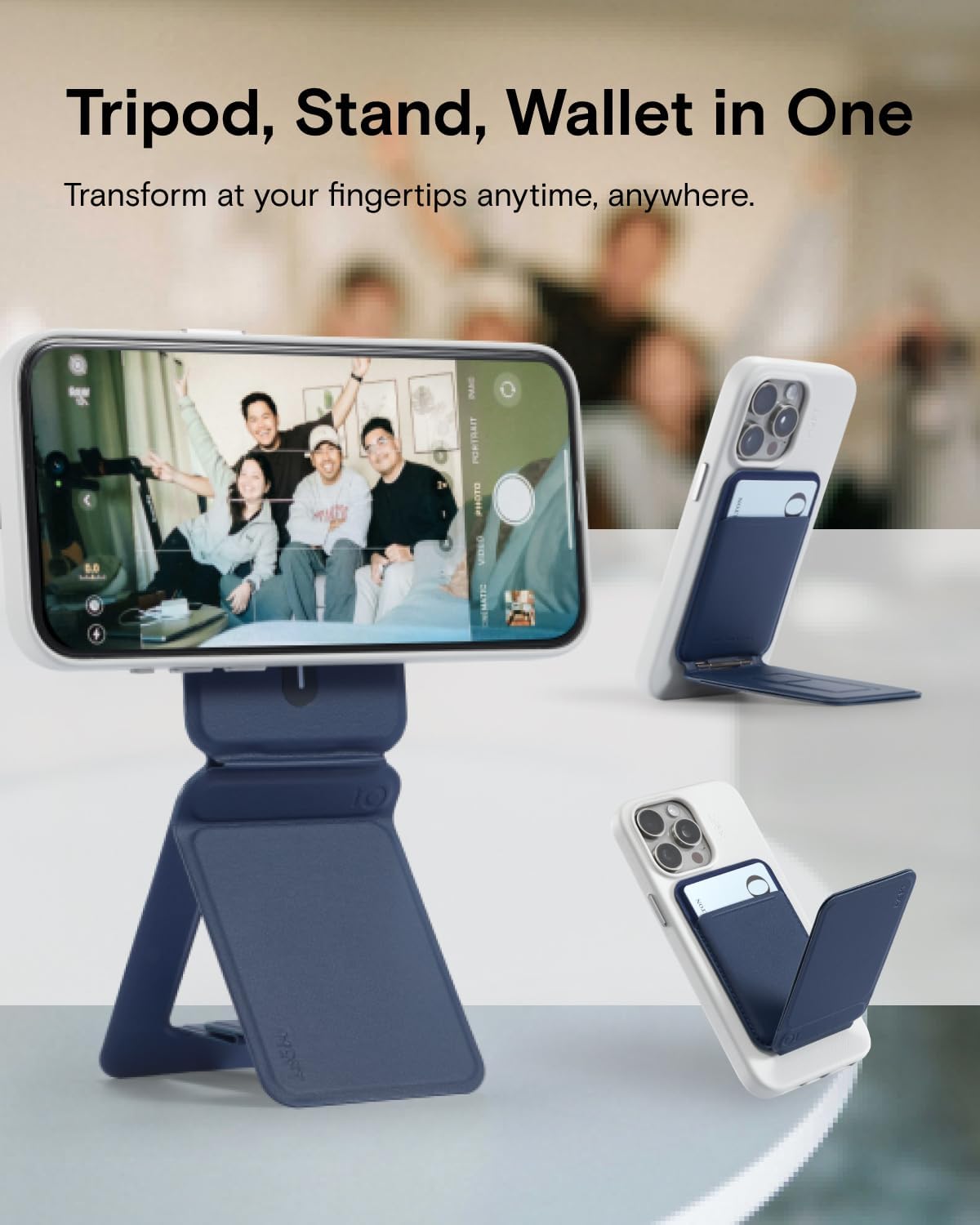 MOFT Phone Tripod Wallet, 3 in 1 Phone Stand, NFC-Supported Magnetic Phone Wallet, MOVAS Vegan Leather Adjustable Card Holder, Navy Blue