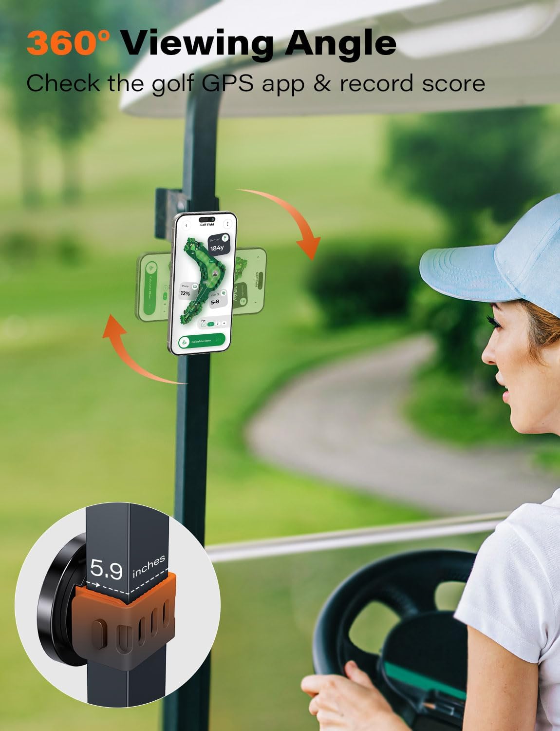 A2C Magnetic Golf Cart Phone Holder Fit for EZGO/Club Car/Yamaha, Strong Magnet Phone Mount with Adjustable Strap for Golf Cart Railing, Compatible with Magsafe iPhone, Essentials Gift for Golfer