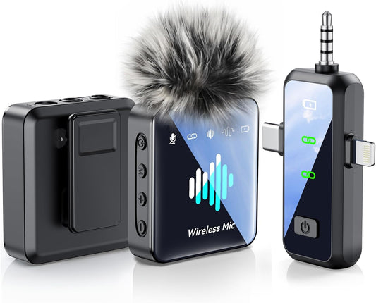 3-in-1 Microphone for iPhone: Wireless Lavalier Microphone for Camera & Android - Mini Mic - 328ft Transmission & 20H Battery Life - Vlogging with AI Noise Reduction