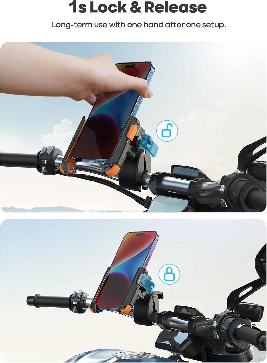Lamicall Motorcycle Phone Mount Holder - [Camera Friendly] [1s Lock] Bike Phone Holder Handlebar Clamp, Bicycle Scooter Phone Clip, for iPhone 16 Pro Max, 15 14 13, Galaxy, 4.7-7" Phones, Orange